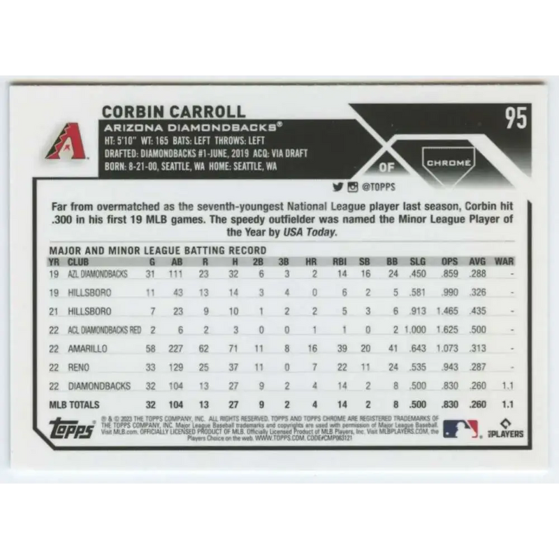 2023 Topps Chrome #95 Corbin Carroll NM-MT RC Rookie Arizona Diamondbacks Baseball Card - Baseball Card Single