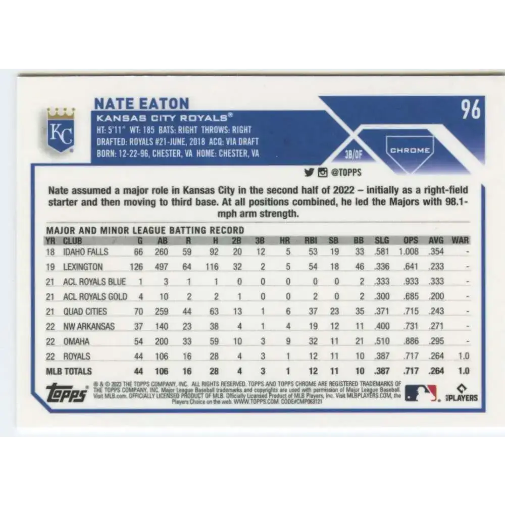 2023 Topps Chrome #96 Nate Eaton NM-MT RC Rookie Kansas City Royals Baseball Card - Baseball Card Single