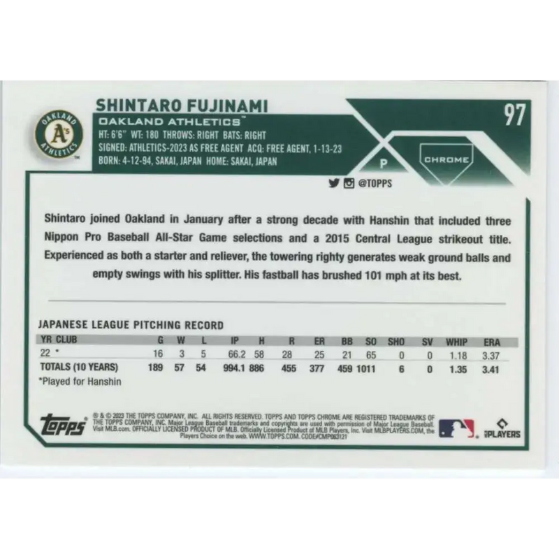 2023 Topps Chrome #97 Shintaro Fujinami NM-MT RC Rookie Oakland Athletics Baseball Card - Baseball Card Single