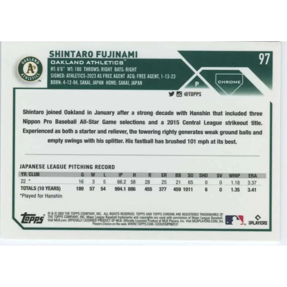 2023 Topps Chrome #97 Shintaro Fujinami NM-MT RC Rookie Oakland Athletics Baseball Card - Baseball Card Single