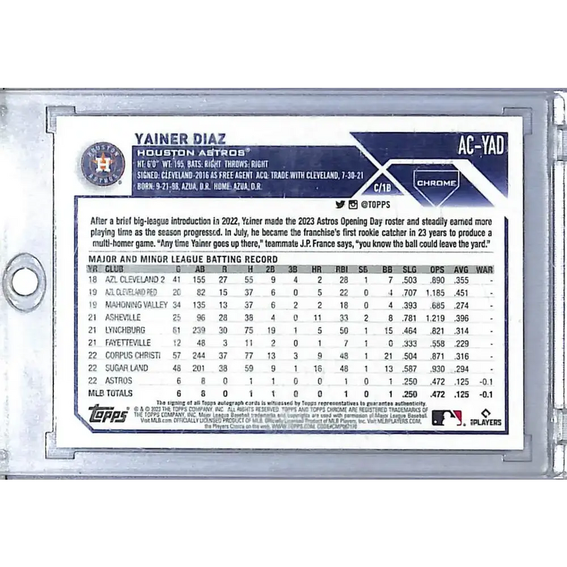 2023 Topps Chrome #AC-YAD Yainer Diaz NM-MT Auto Houston Astros - Baseball Card Single