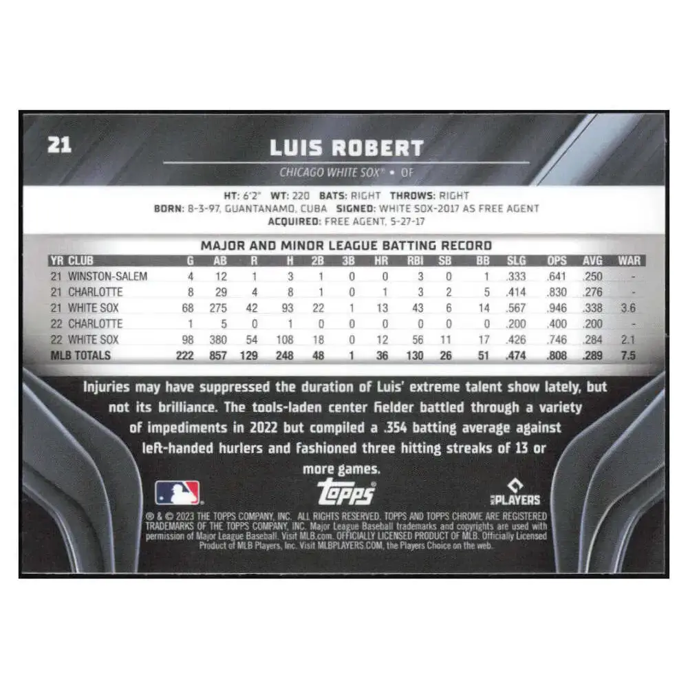 2023 Topps Chrome Black #21 Luis Robert NM-MT Chicago White Sox Baseball Card - Baseball Card Single