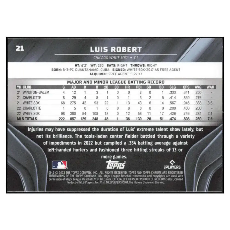 2023 Topps Chrome Black #21 Luis Robert NM-MT Chicago White Sox Baseball Card - Baseball Card Single
