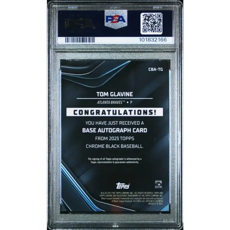 2023 Topps Chrome Black Refractor Green #CBA-TG Tom Glavine PSA 8 NM-MT Auto 43/99 Atlanta Braves Baseball Card