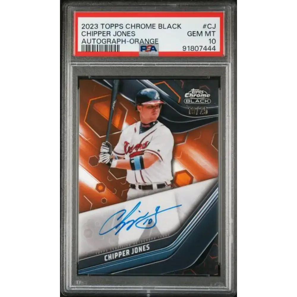 2023 Topps Chrome Black Refractor Orange #CBA-CJ Chipper Jones PSA 10 GEM MINT Auto 19/25 Atlanta Braves Baseball Card