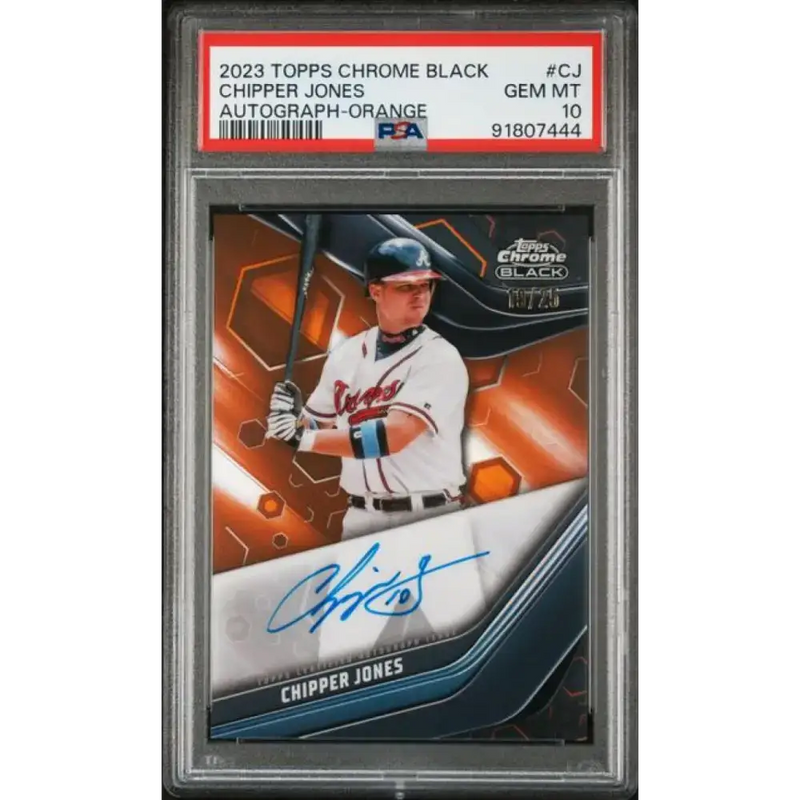 2023 Topps Chrome Black Refractor Orange #CBA-CJ Chipper Jones PSA 10 GEM MINT Auto 19/25 Atlanta Braves Baseball Card
