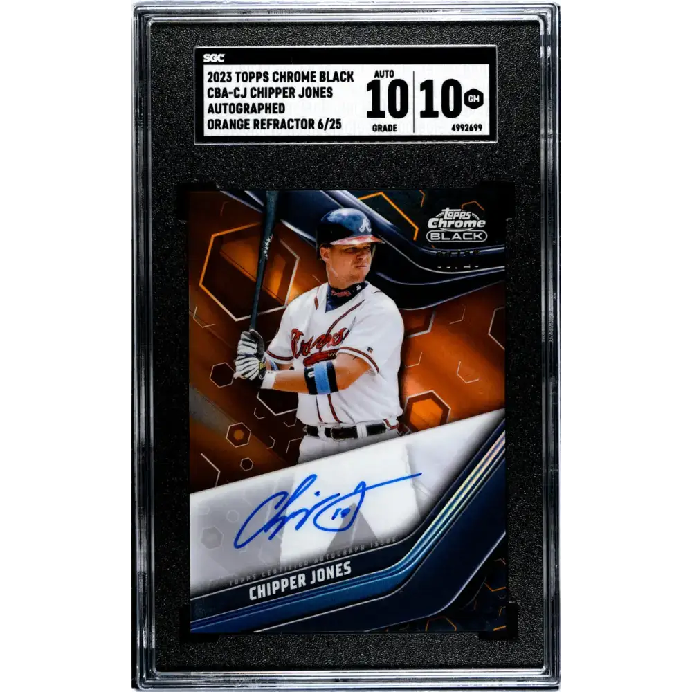 2023 Topps Chrome Black Refractor Orange #CBA-CJ Chipper Jones SGC 10 Gem Auto 6/25 Atlanta Braves Baseball Card