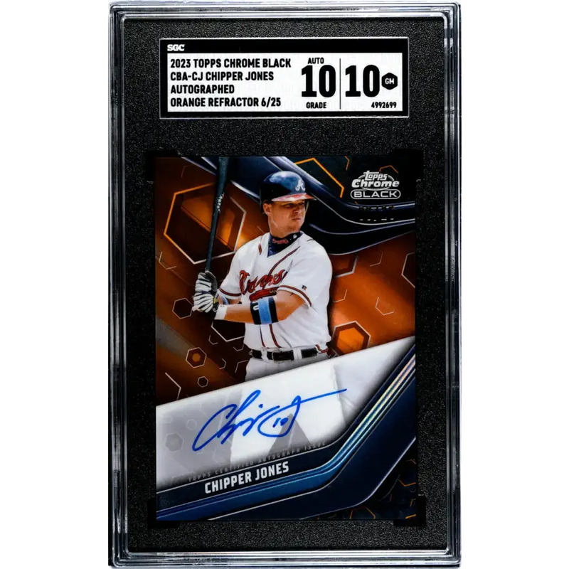 2023 Topps Chrome Black Refractor Orange #CBA-CJ Chipper Jones SGC 10 Gem Auto 6/25 Atlanta Braves Baseball Card