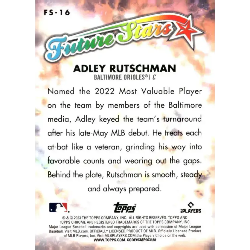 2023 Topps Chrome Future Stars Refractor #FS-16 Adley Rutschman NM-MT Baltimore Orioles Baseball Card - Baseball Card