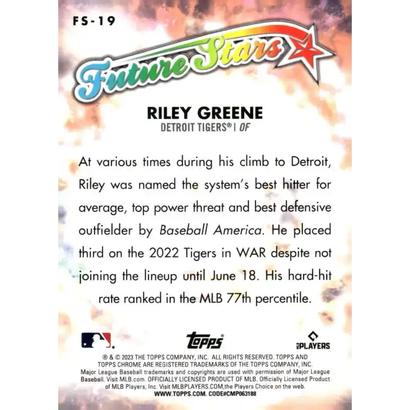 2023 Topps Chrome Future Stars Refractor #FS-19 Riley Greene NM-MT Detroit Tigers Baseball Card - Baseball Card Single