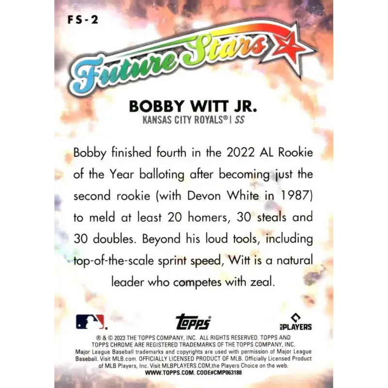 2023 Topps Chrome Future Stars Refractor #FS-2 Bobby Witt Jr. NM-MT Kansas City Royals Baseball Card - Baseball Card