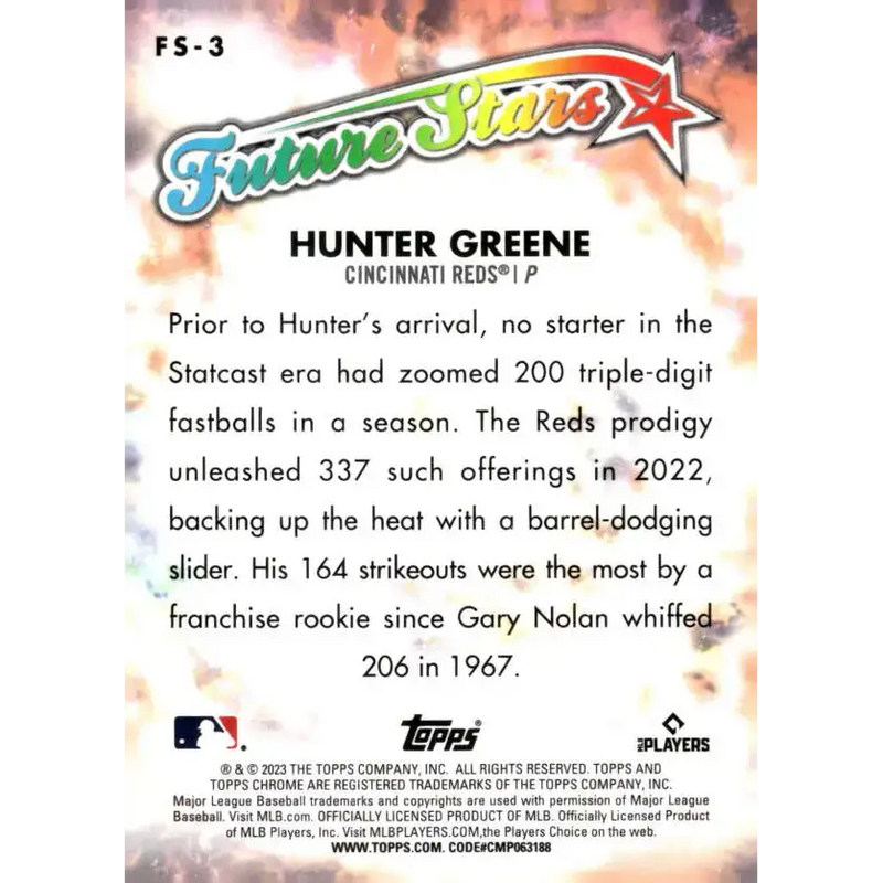 2023 Topps Chrome Future Stars Refractor #FS-3 Hunter Greene NM-MT Cincinnati Reds Baseball Card - Baseball Card Single