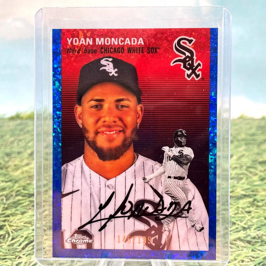 Yoan Moncada autographed baseball card from Topps Chrome Platinum Blue Mini-Diamonds /199
