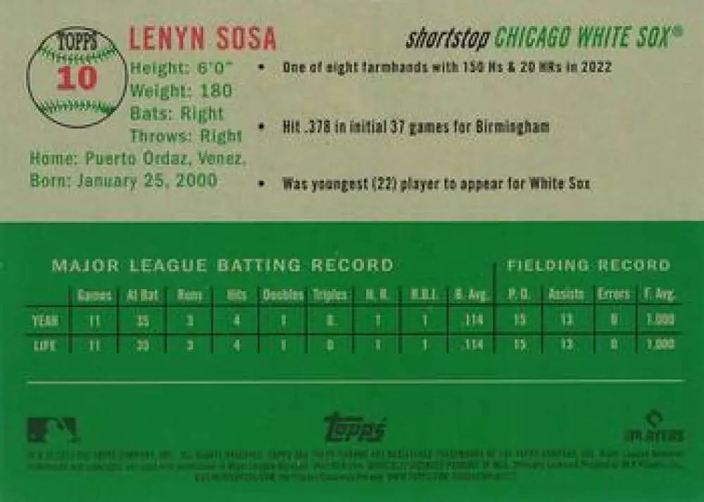 2023 Topps Chrome Platinum Anniversary #10 Lenyn Sosa EX Excellent RC Rookie Chicago White Sox Baseball Card - Baseball