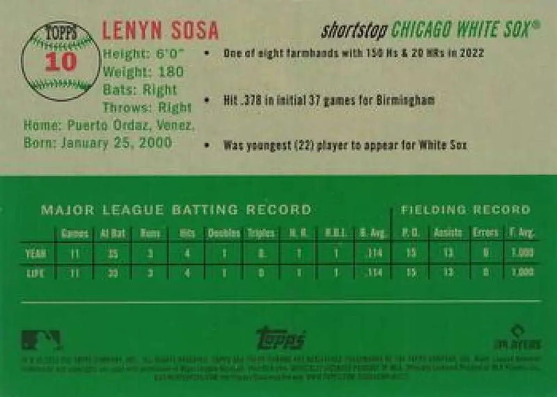 2023 Topps Chrome Platinum Anniversary #10 Lenyn Sosa EX Excellent RC Rookie Chicago White Sox Baseball Card - Baseball
