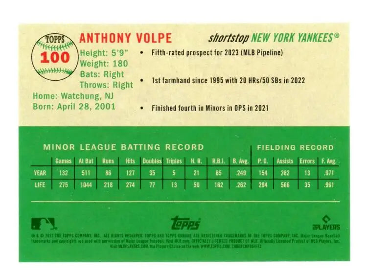 2023 Topps Chrome Platinum Anniversary #100 Anthony Volpe EX Excellent RC Rookie New York Yankees Baseball Card