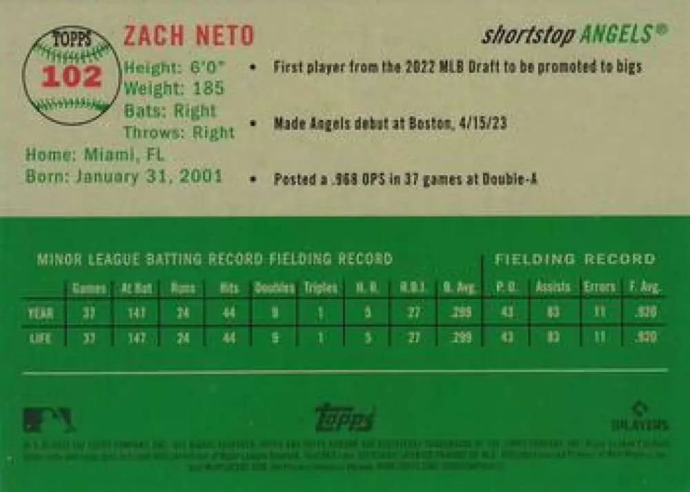 2023 Topps Chrome Platinum Anniversary #102 Zach Neto EX Excellent RC Rookie Los Angeles Angels Baseball Card