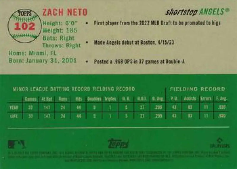 2023 Topps Chrome Platinum Anniversary #102 Zach Neto EX Excellent RC Rookie Los Angeles Angels Baseball Card