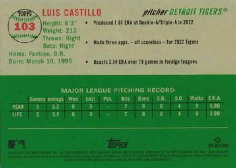 2023 Topps Chrome Platinum Anniversary #103 Luis Castillo EX Excellent RC Rookie Detroit Tigers Baseball Card