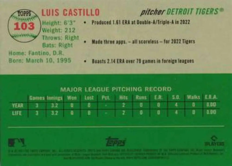 2023 Topps Chrome Platinum Anniversary #103 Luis Castillo EX Excellent RC Rookie Detroit Tigers Baseball Card