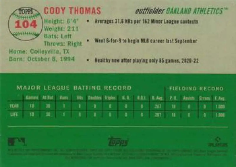 2023 Topps Chrome Platinum Anniversary #104 Cody Thomas EX Excellent RC Rookie Oakland Athletics Baseball Card