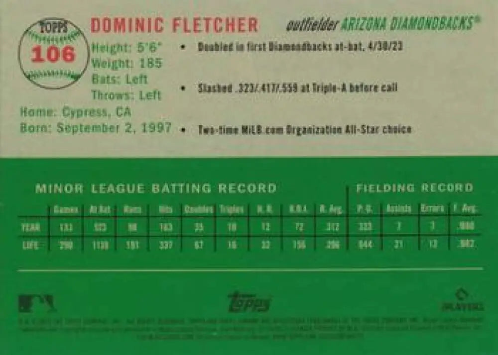 2023 Topps Chrome Platinum Anniversary #106 Dominic Fletcher EX Excellent RC Rookie Arizona Diamondbacks Baseball Card