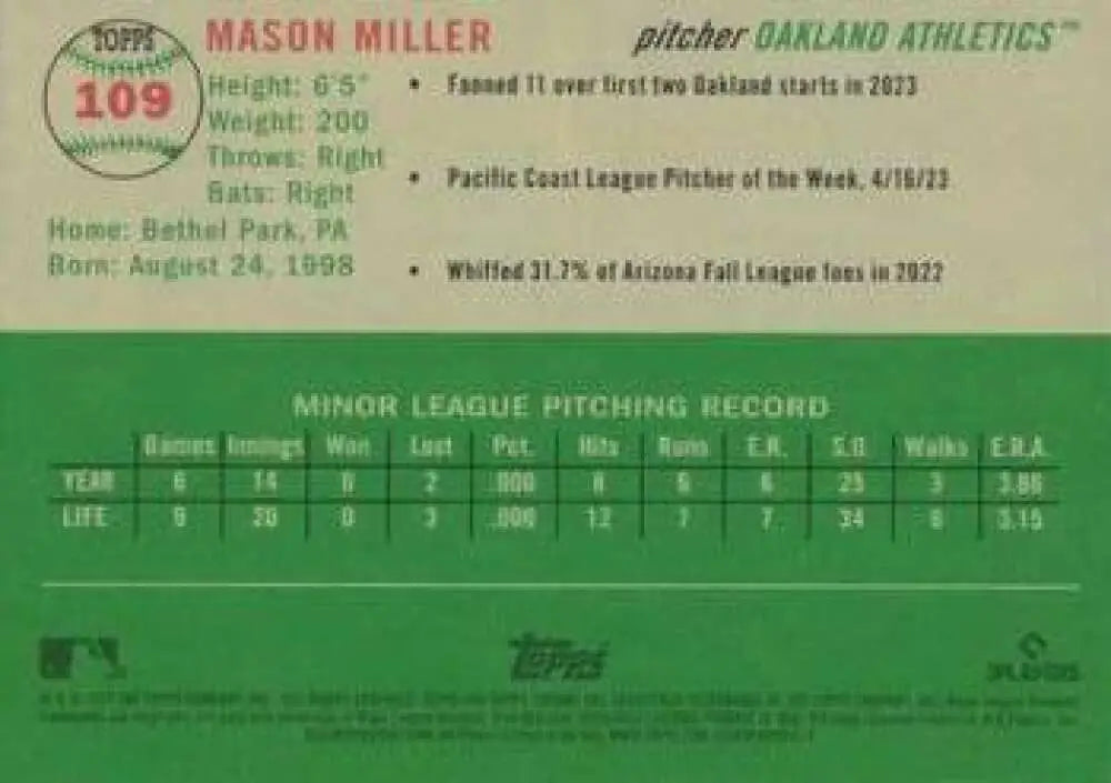 2023 Topps Chrome Platinum Anniversary #109 Mason Miller EX Excellent RC Rookie Oakland Athletics Baseball Card