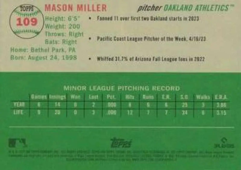 2023 Topps Chrome Platinum Anniversary #109 Mason Miller EX Excellent RC Rookie Oakland Athletics Baseball Card
