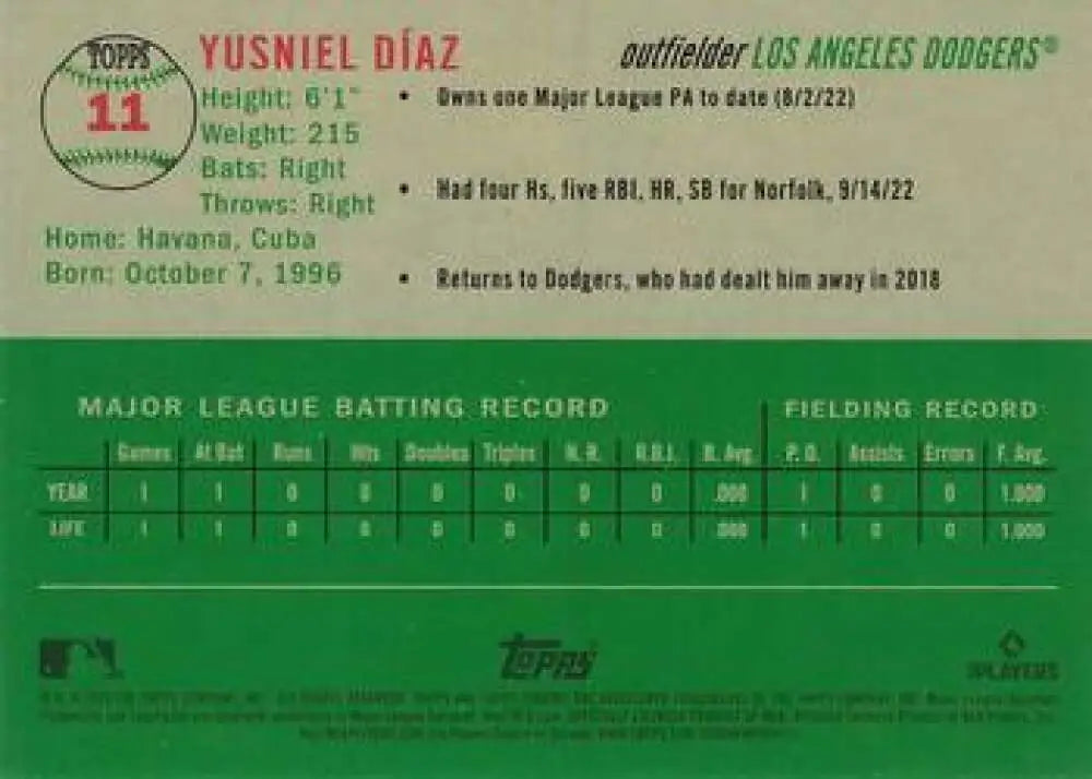 2023 Topps Chrome Platinum Anniversary #11 Yusniel Diaz EX Excellent RC Rookie Los Angeles Dodgers Baseball Card