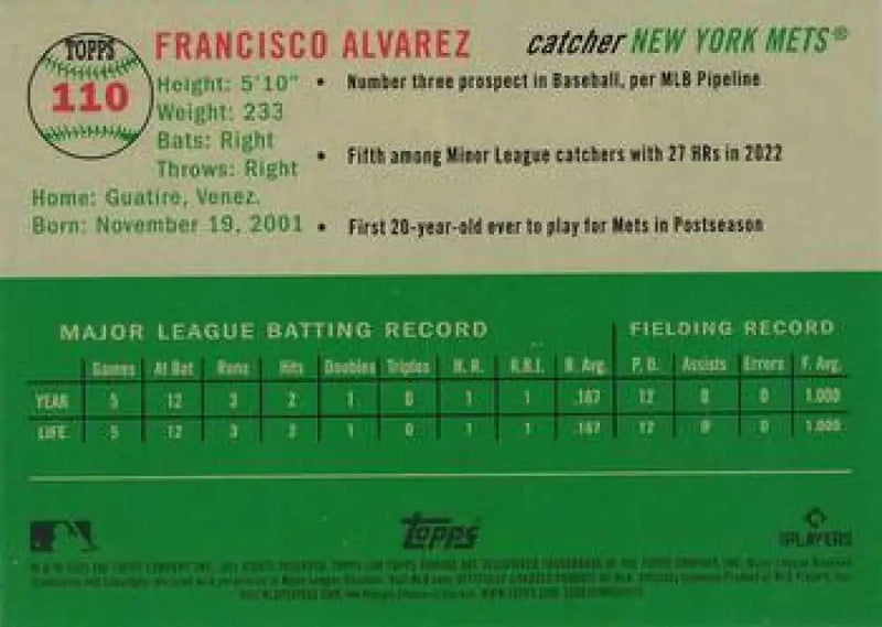 2023 Topps Chrome Platinum Anniversary #110 Francisco Alvarez EX Excellent RC Rookie New York Mets Baseball Card