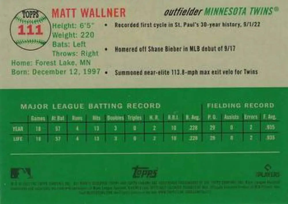 2023 Topps Chrome Platinum Anniversary #111 Matt Wallner EX Excellent RC Rookie Minnesota Twins Baseball Card