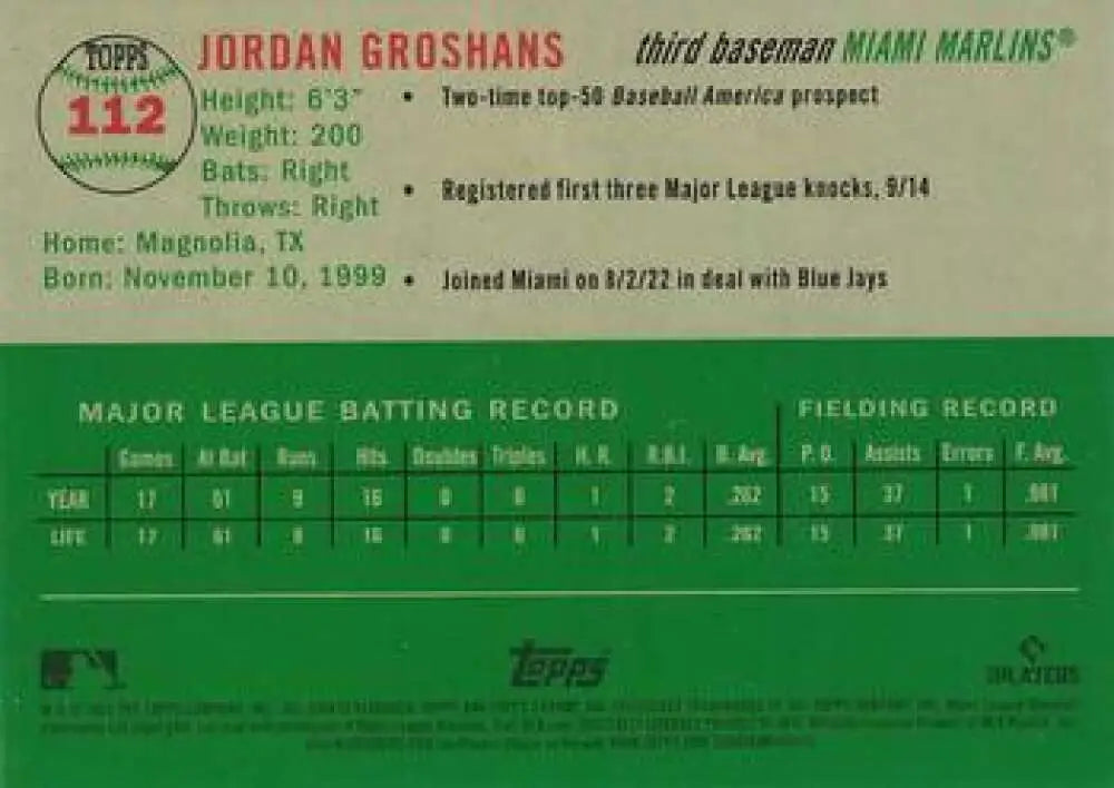 2023 Topps Chrome Platinum Anniversary #112 Jordan Groshans EX Excellent RC Rookie Miami Marlins Baseball Card