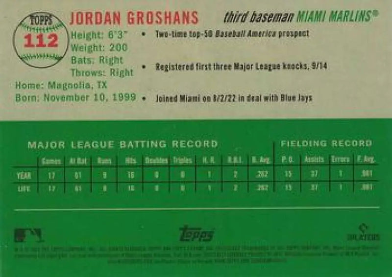 2023 Topps Chrome Platinum Anniversary #112 Jordan Groshans EX Excellent RC Rookie Miami Marlins Baseball Card