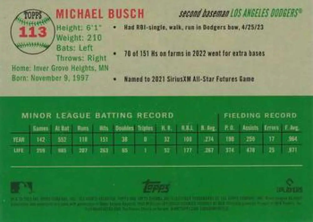 2023 Topps Chrome Platinum Anniversary #113 Michael Busch EX Excellent RC Rookie Los Angeles Dodgers Baseball Card