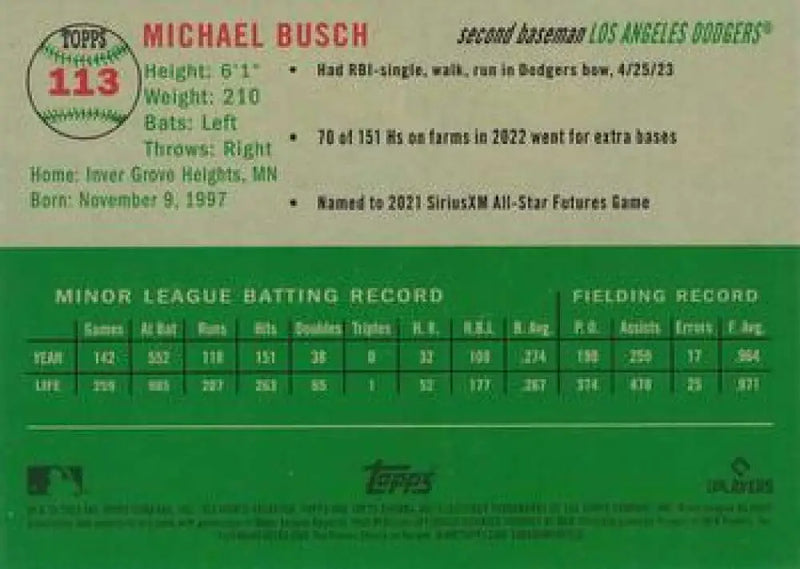 2023 Topps Chrome Platinum Anniversary #113 Michael Busch EX Excellent RC Rookie Los Angeles Dodgers Baseball Card