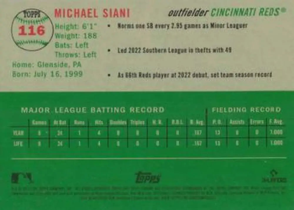 2023 Topps Chrome Platinum Anniversary #116 Michael Siani EX Excellent RC Rookie Cincinnati Reds Baseball Card