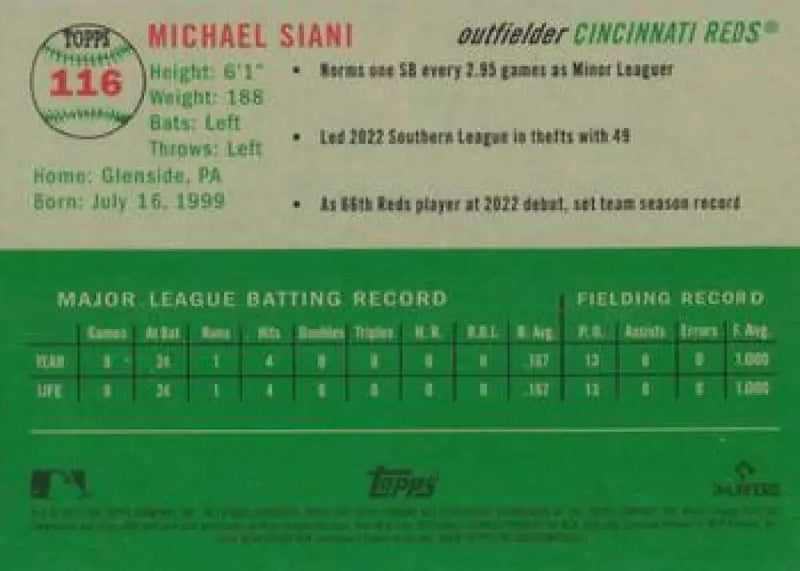 2023 Topps Chrome Platinum Anniversary #116 Michael Siani EX Excellent RC Rookie Cincinnati Reds Baseball Card