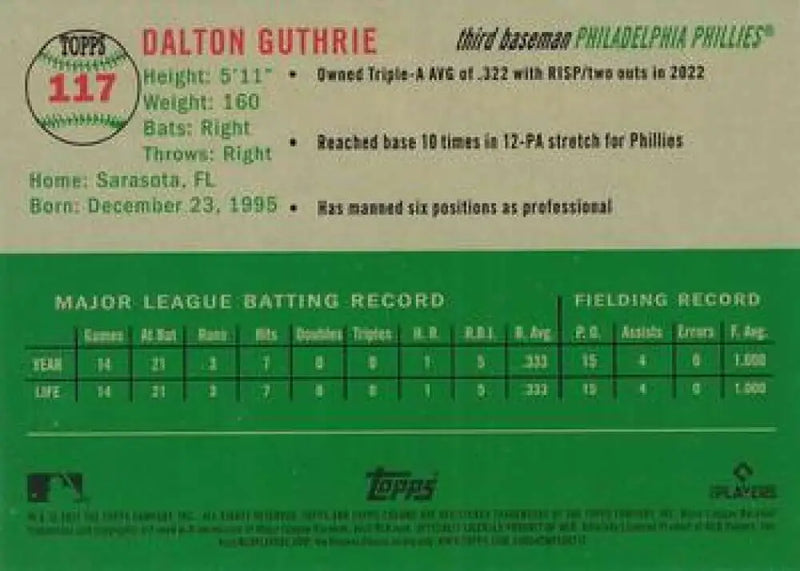 2023 Topps Chrome Platinum Anniversary #117 Dalton Guthrie EX Excellent RC Rookie Philadelphia Phillies Baseball Card