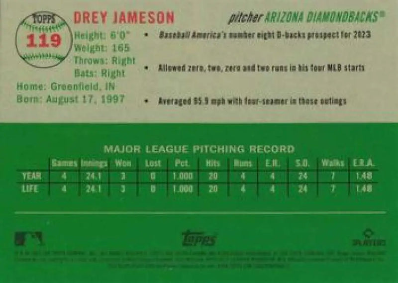 2023 Topps Chrome Platinum Anniversary #119 Drey Jameson EX Excellent RC Rookie Arizona Diamondbacks Baseball Card
