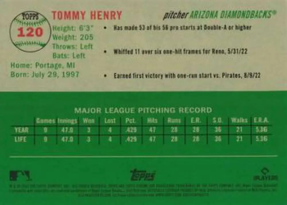 2023 Topps Chrome Platinum Anniversary #120 Tommy Henry EX Excellent RC Rookie Arizona Diamondbacks Baseball Card