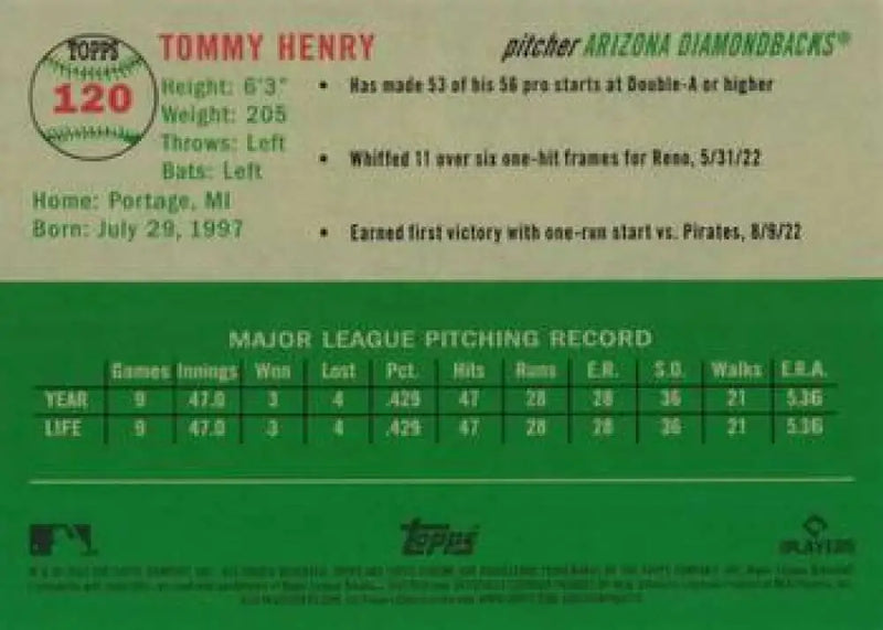 2023 Topps Chrome Platinum Anniversary #120 Tommy Henry EX Excellent RC Rookie Arizona Diamondbacks Baseball Card