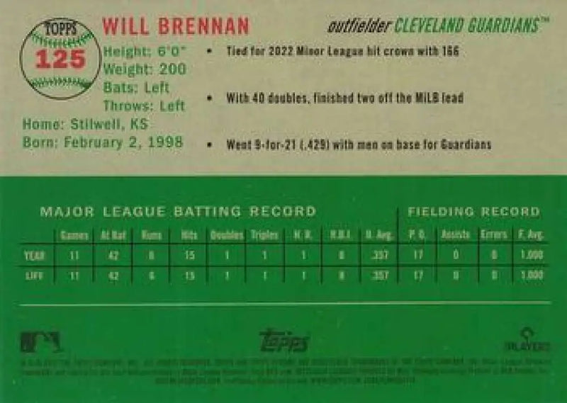 2023 Topps Chrome Platinum Anniversary #125 Will Brennan EX Excellent RC Rookie Cleveland Guardians Baseball Card