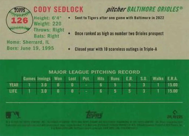 2023 Topps Chrome Platinum Anniversary #126 Cody Sedlock EX Excellent RC Rookie Baltimore Orioles Baseball Card