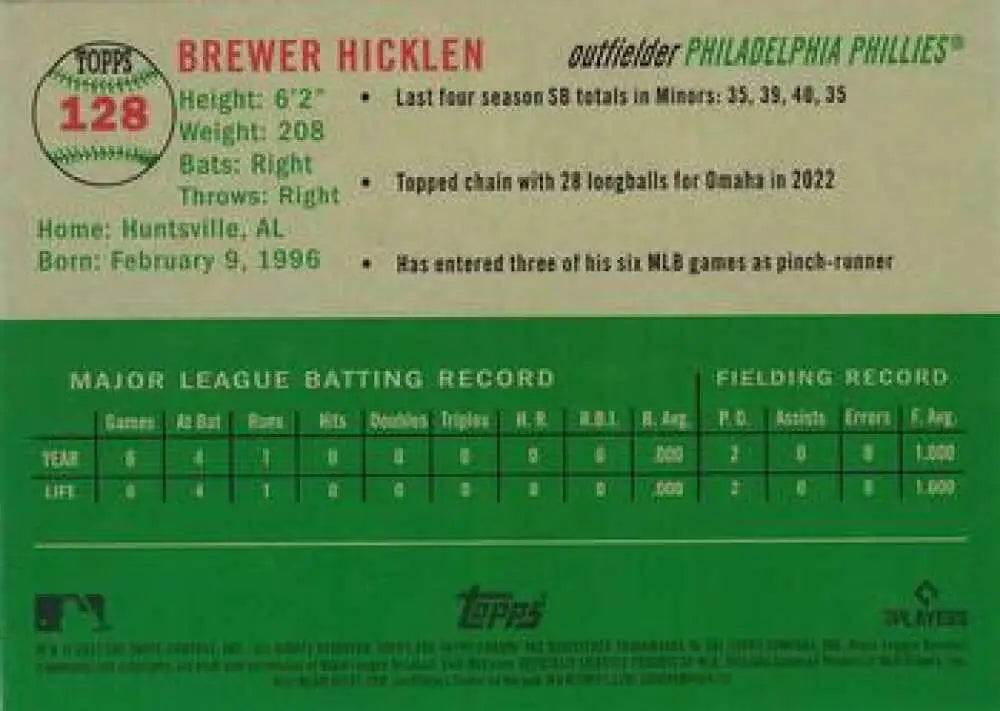 2023 Topps Chrome Platinum Anniversary #128 Brewer Hicklen EX Excellent RC Rookie Philadelphia Phillies Baseball Card