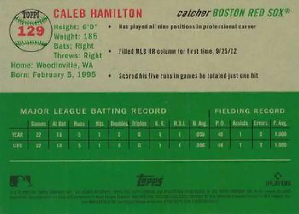 2023 Topps Chrome Platinum Anniversary #129 Caleb Hamilton EX Excellent RC Rookie Boston Red Sox Baseball Card