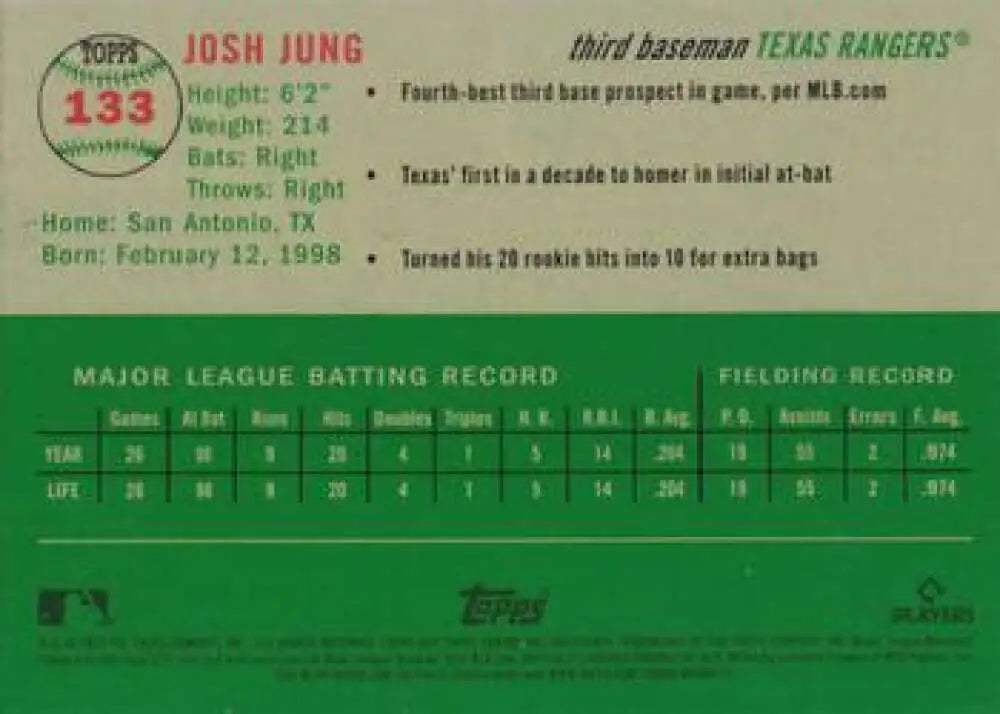 2023 Topps Chrome Platinum Anniversary #133 Josh Jung EX Excellent RC Rookie Texas Rangers Baseball Card - Baseball