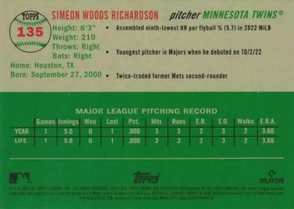 2023 Topps Chrome Platinum Anniversary #135 Simeon Woods Richardson EX Excellent RC Rookie Minnesota Twins Baseball