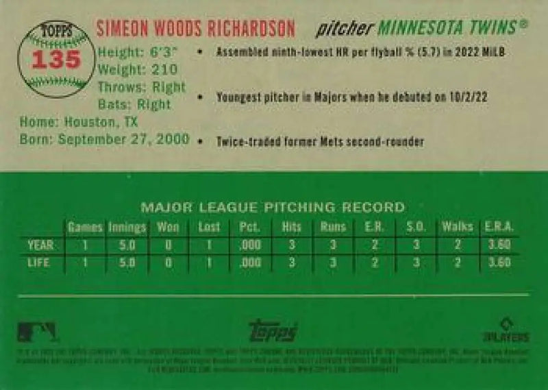 2023 Topps Chrome Platinum Anniversary #135 Simeon Woods Richardson EX Excellent RC Rookie Minnesota Twins Baseball