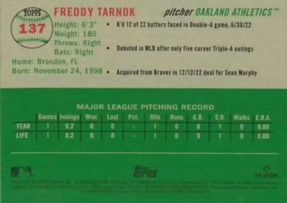 2023 Topps Chrome Platinum Anniversary #137 Freddy Tarnok EX Excellent RC Rookie Oakland Athletics Baseball Card