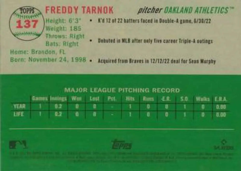2023 Topps Chrome Platinum Anniversary #137 Freddy Tarnok EX Excellent RC Rookie Oakland Athletics Baseball Card